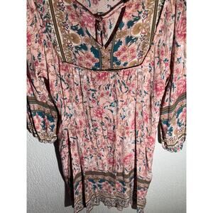 Boho Floral Peasant Dress – Medium, Pink Multicolor, Tie-Neck, 3/4 Sleeve